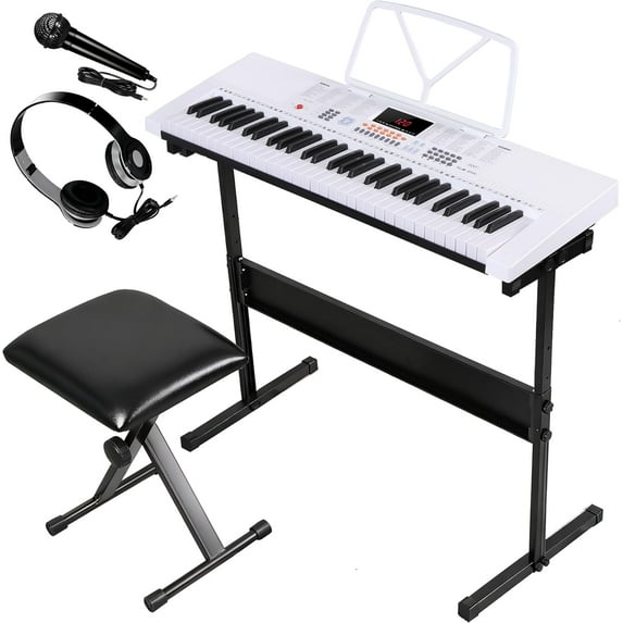 HarmonyStrings 61-Key Portable Electric Keyboard Piano with Built In Speakers, LED Screen, Headphones, Microphone, Piano Stand, Music Sheet Stand and Stool White
