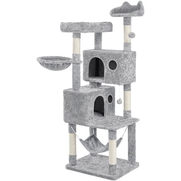 HarmonyStrings 64.5in Extra Large Cat Tree with 2 Perches, 2 Condos, 5 Scratching Posts, Funny Hammock & Basket & Dangling Balls, Multi-Level Cat Tower for Indoor Felines-Light Gray