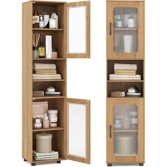 HarmonyStrings 67" Tall Bathroom Storage Cabinet, Narrow Freestanding Cabinet with 2 Fluted Doors, Adjustable Shelf, Slim Floor Organizer for Small Space Living Room Kitchen Laundry Entryway-Natural