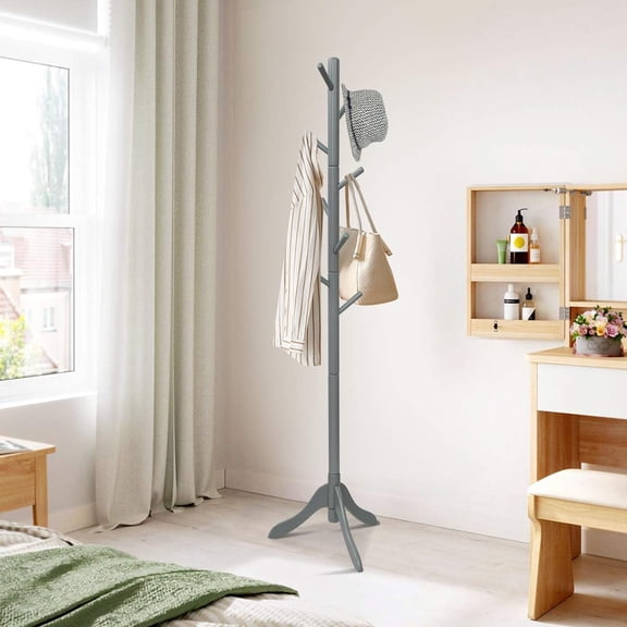 HarmonyStrings  8-Hook Coat Rack Freestanding, Wood Coat Tree With 3 Adjustable Height, Standing Jacket Hanger for Hats Purses Scarves, Easy Assembly, Clothes Hanger Stand for Bedroom Entryway (Grey)