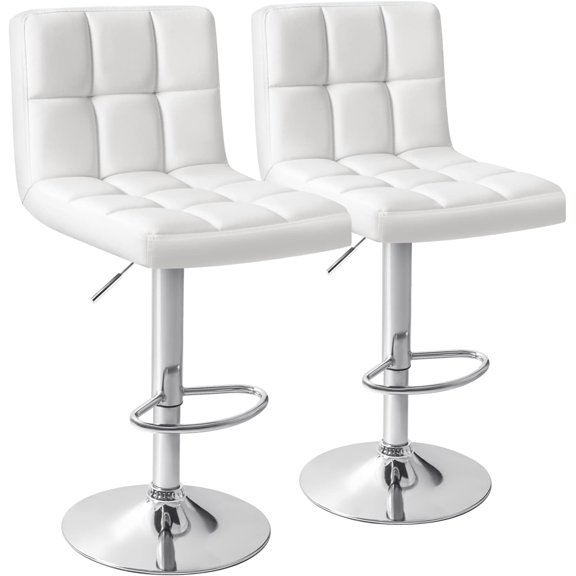HarmonyStrings Bar Stools Modern PU Leather Adjustable Swivel Barstools, Armless Hydraulic Kitchen Counter Bar Stool Extra Height Square Island Barstool with Back Set of 2-White