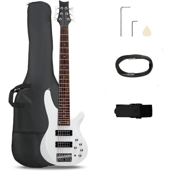 HarmonyStrings Bass Guitar 6 String Electric Bass Guitars, Beginner Bass Guitar with Professional H-H pickup, 3 Way Pickup Selector, Premium Cable, Unique Body Design for Beginner White Upgraded