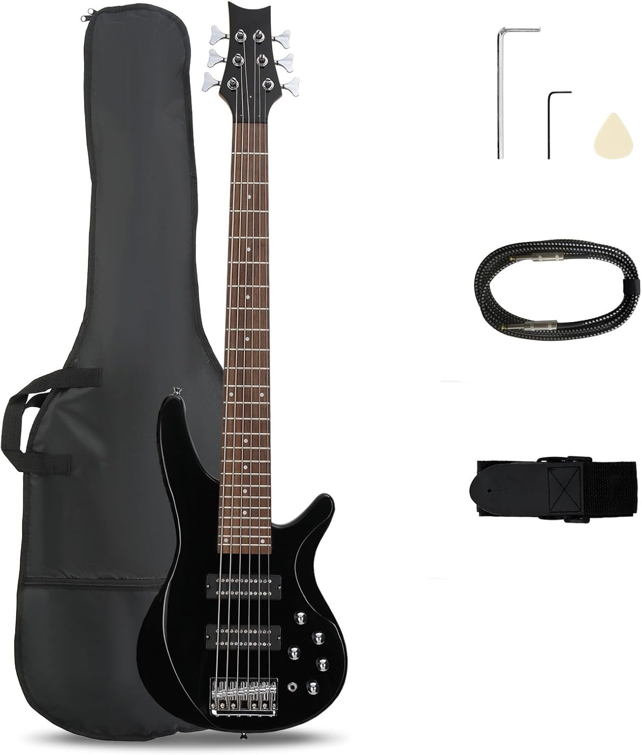 HarmonyStrings Bass Guitar 6 String Electric Bass Guitars, Beginner Bass Guitar with Professional H-H pickup, 3 Way Pickup Selector, Premium Cable, Unique Body Design for Beginner Black Upgraded