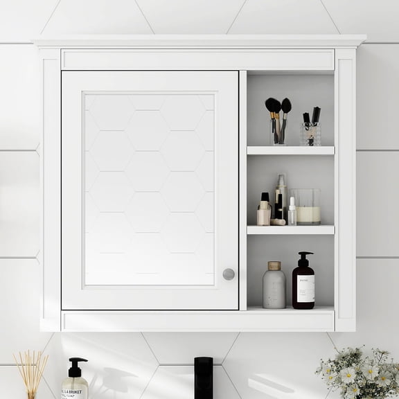 HarmonyStrings  Bathroom Medicine Cabinet with Mirror, Wall Mounted Medicine Cabinet with Single Door and Shelves, Over The Toilet Mirrored Bathroom Storage Wall Cabinet-30"White