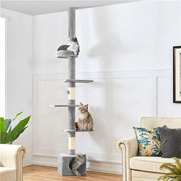 HarmonyStrings Cat Tower 5-Tier Floor to Ceiling Cat Tree Height(95-107 Inches) Adjustable, Tall Climbing Tree Featuring with Scratching Post, Cozy Bed,Interactive Ball Toy Grey