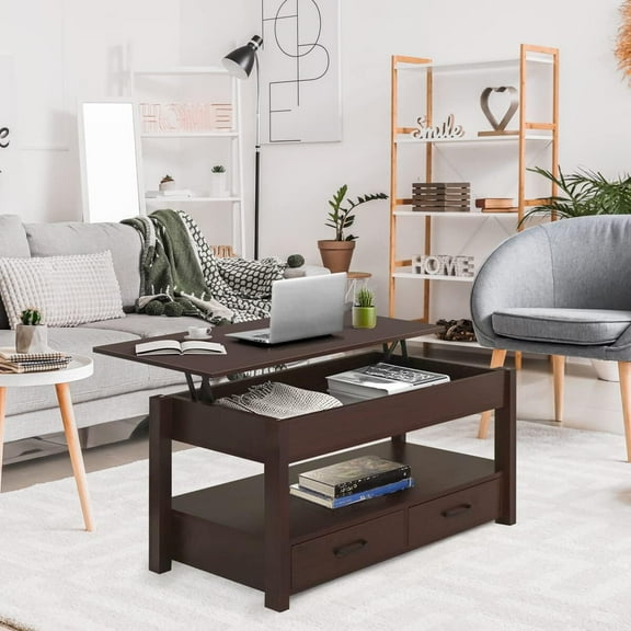 HarmonyStrings  Coffee Table, Lift Top Coffee Table with Drawers and Hidden Compartment, Retro Central Table with Wooden Lift Tabletop, for Living Room, Espresso
