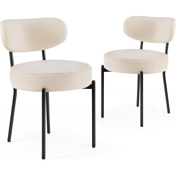 HarmonyStrings Dining Chairs Set of 2, Mid Century Modern Boucle Upholstered Kitchen Chair with Curved Backrest & Metal Legs for Home/Living Room/Bedroom/Office-White