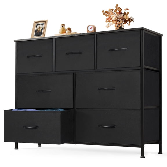 HarmonyStrings Dresser for Bedroom, Chest of Drawers, TV Stand, Steel, MDF, 7 Non-Woven Fabric Drawers, Storage Organizer Unit, Closet, Entryway-Black