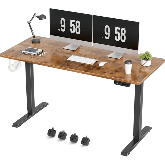 HarmonyStrings Electric Standing Desk, Adjustable Desk , Home Office Computer Desk,Multicolor-Rustic Brown 55" with Wheels