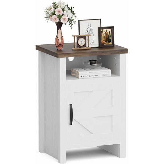 HarmonyStrings Farmhouse Nightstand, Modern Bedside Table with Barn Door and Shelf, Rustic End Table Side Table for Bedroom, Living Room-Rustic & White 1