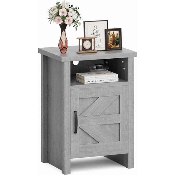 HarmonyStrings Farmhouse Nightstand, Modern Bedside Table with Barn Door and Shelf, Rustic End Table Side Table for Bedroom, Living Room-Grey 1