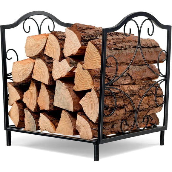 HarmonyStrings  Firewood Log Rack, Heavy Duty Firewood Holder with Unique Handle and Raised Feet, Firewood Storage Holder for Fireplace, Stove, Fire Pit, Easy Assembly, Black-17.5"D x 12.5"W x 15.5"H