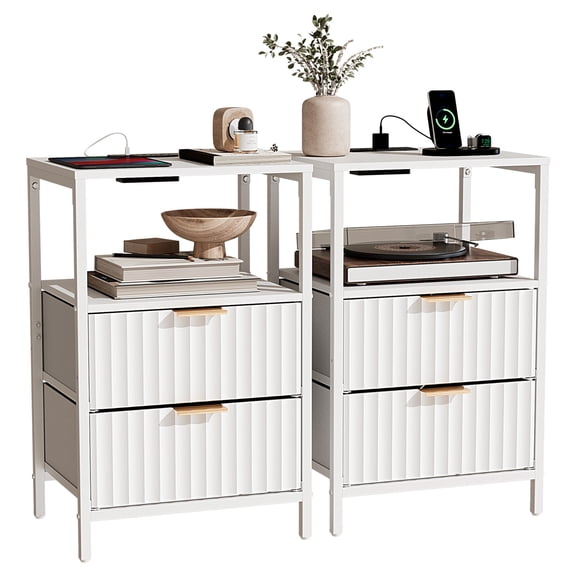 HarmonyStrings Fluted Nightstand , End Table with Fabric Drawer with Charging Station, Night Stand with Storage Shelf & Handle, Fluted Side Table for Bedroom/Living Room-White-2PCS