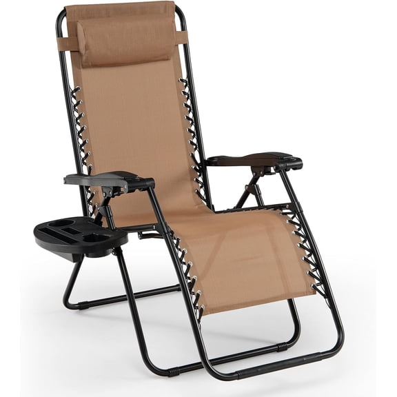 HarmonyStrings  Folding Reclining Lounge Chair, Outdoor Zero Gravity Recliner W/Side Tray & Detachable Headrest Pillow, Heavy-Duty Steel Frame, Reclining Folding Chair-Beige Set of 1