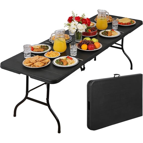 SONGMY Indoor Outdoor Heavy Duty Plastic Folding Table Portable Picnic Table Fold-in-Half Utility Table w/Handle and Steel Legs for Camping, Dining, Party (Black, 8ft)