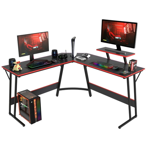 HarmonyStrings L Shaped Gaming Desk Computer Corner Desk PC Gaming Desk Table with Large Monitor Riser Stand for Home Office Sturdy Writing Workstation-Black