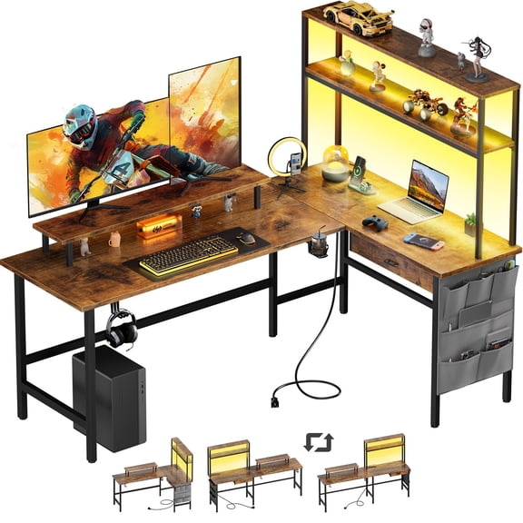 HarmonyStrings L Shaped Gaming Desk with Hutch, Reversible Corner Computer Desk with Storage Shelves, Gaming Desk with Pegboard, LED Lights, Keyboard Tray and Storage Bag-59inch-Rustic Brown