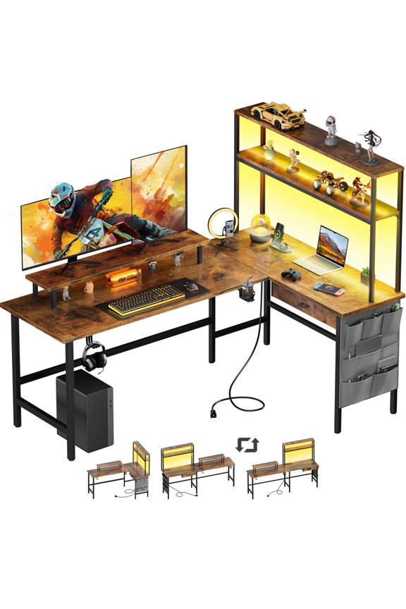 L Shaped Gaming Desk with Hutch, Reversible Corner Computer Desk with Storage Shelves, Gaming Desk with Pegboard, LED Lights, Keyboard Tray and Storage Bag-59inch-Rustic Brown
