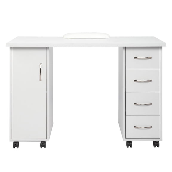 HarmonyStrings Manicure Table Nail Desk w/Cabinet, Drawers, Wheels & Wrist Rest, Spa Salon Beauty Home Wooden Technician Workstation Nail Art Equipment for Nail Tech, White