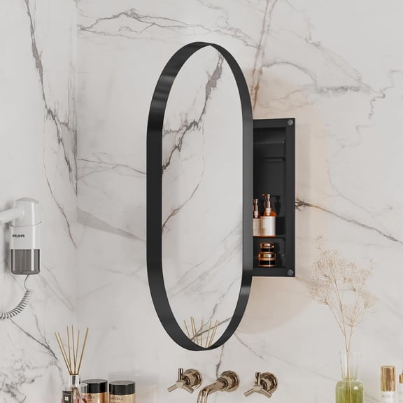 HarmonyStrings Medicine Cabinet Mirror for Bathroom, Recessed Metal Framed Vanity Mirror with Storage, Wall Mount Medicine Cabinet with Adjustable Shelves-Black Oval