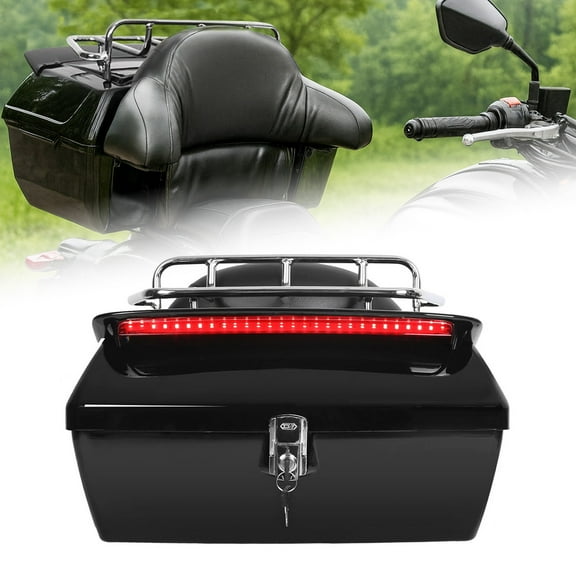 HarmonyStrings Motorcycle Tail Box Luggage Trunk w/ Backrest Light Top Rack For Harley Yamaha