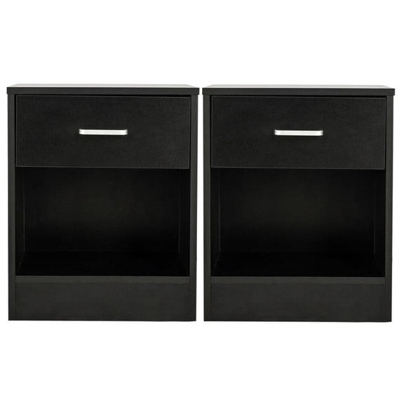 HarmonyStrings Nightstand Set of 2, 2-Tier Side Table with Drawer and Storage Shelf, Bedside Table End Table, Modern Night Stand for Bedroom, Home Office,Black