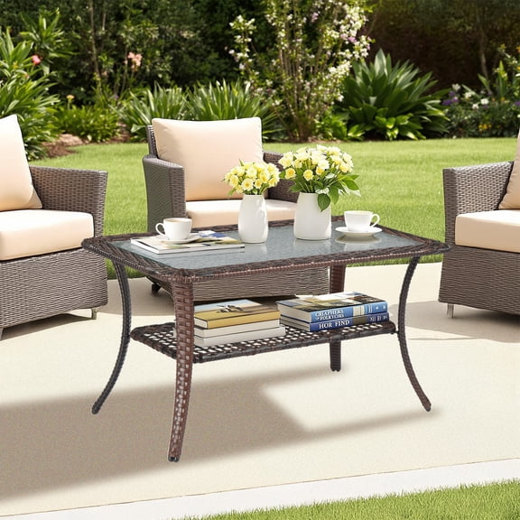 HarmonyStrings Outdoor Coffee Table with Storage Wicker Patio Coffee Table, Tempered Glass Top Coffee Table for Patio Outside Balcony Porch Deck (Brown)