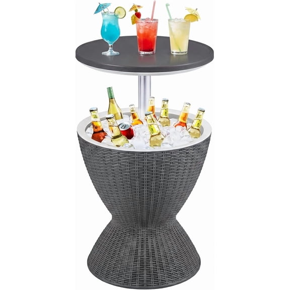 SONGMY Outdoor Cool Bar Table, Rattan Style Patio 8 Gallon Beer and Wine Cooler, All-Weather Ice Bucket w/Height Adjustable Top, Drainage Plug-Grey
