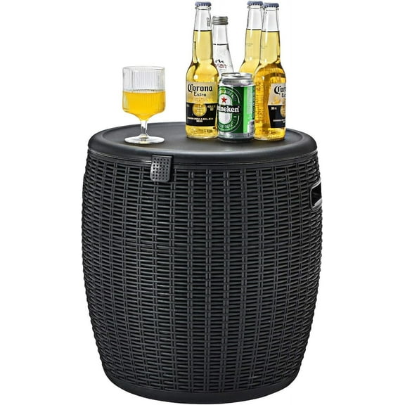 HarmonyStrings Outdoor Cooler Table, 9.5 Gallon Ice Cool Table w/Top Lid, Side Handle, Drainage Plug, Weather-Resistant Wicker Rattan Round Ice Bucket-Black