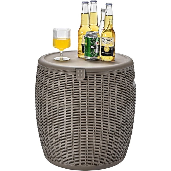 HarmonyStrings  Outdoor Cooler Table, 9.5 Gallon Ice Cool Table w/Top Lid, Side Handle, Drainage Plug, Weather-Resistant Wicker Rattan Round Ice Bucket-Brown