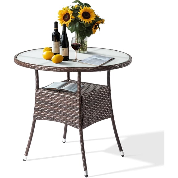 HarmonyStrings Outdoor Dining Table, Wicker Round Patio Table Tempered Glass Patio Dining Table Outdoor Table for Balcony Garden Deck and Porch, Brown