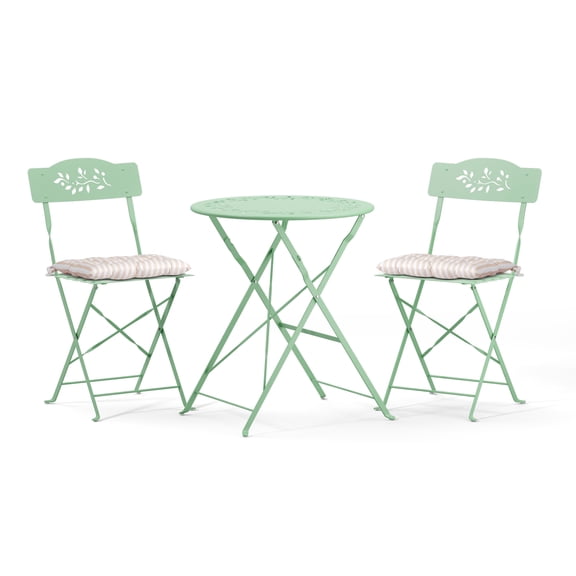 HarmonyStrings Outdoor Folding Bistro Table and Chairs Set of 2, 3-Piece Bistro Set with Olive Leaf Cutout Design and Comfortable Cushions for Patio, Balcony, Garden, Porch, Yard, Mint Green