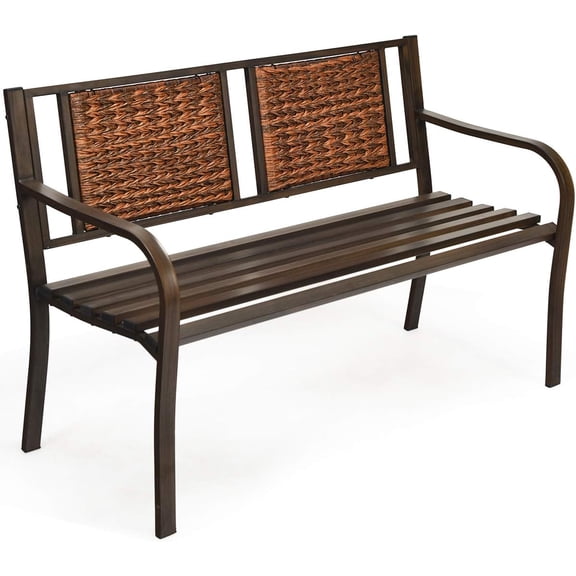 HarmonyStrings Outdoor Garden Bench, Brown, Iron, Metal, Polyethylene, Rattan, 50.5 in Width, 2 Adults