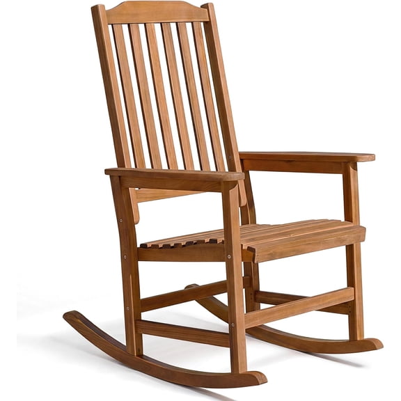 HarmonyStrings Outdoor Rocking Chair Acacia Wood Porch Rocking Chairs, Outdoor Chairs with Widened Armrest for Porch, Poolside, Balcony and Yard, Natural-1 Chair