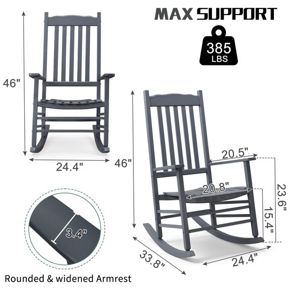 HarmonyStrings Outdoor Rocking Chair, Solid Wood High Back Rocker, All Weather Lounge Chair for Porch Patio Fire Pit Garden Backyard Deck Indoor, Wave Shape, Gray