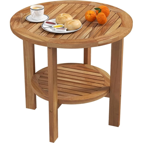 HarmonyStrings Outdoor Round Side Table, 19.5 Inches Teak Wood Patio Table with Slatted Tabletop & Storage Shelf, 2-Tier Heavy Duty Small End Table-1
