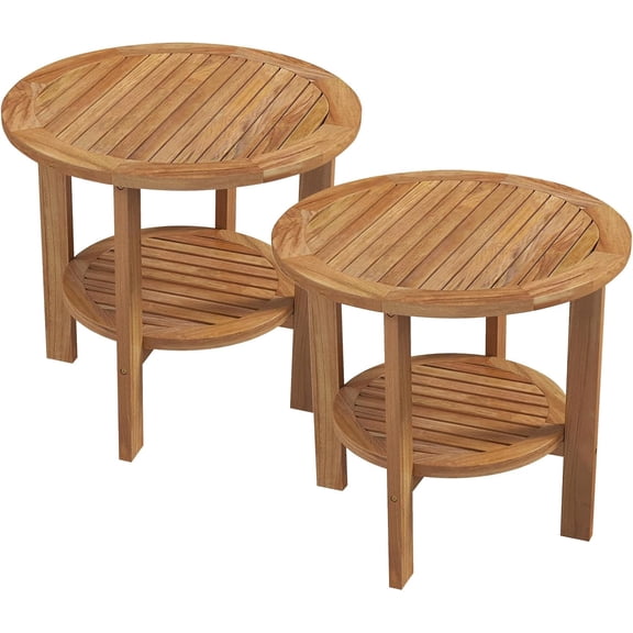 HarmonyStrings Outdoor Round Side Table, 19.5 Inches Teak Wood Patio Table with Slatted Tabletop & Storage Shelf, 2-Tier Heavy Duty Small End Table-2