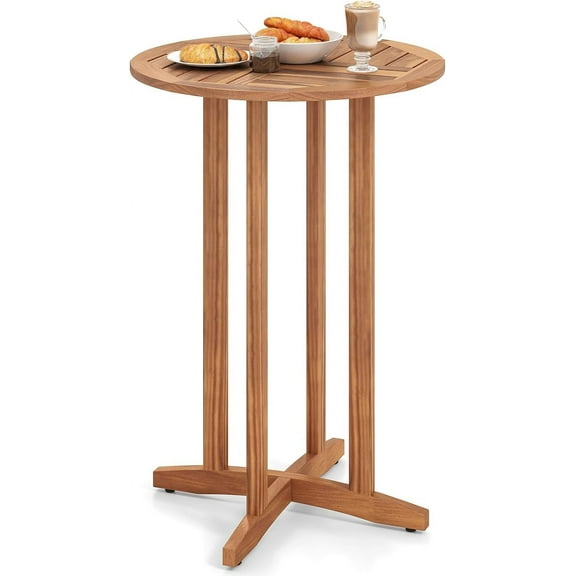 HarmonyStrings Outdoor Teak Wood Bar Table Folding, Patio Bar Height Oval Table with Slatted Tabletop and Cross Base, Pub Height Table for Patio, Porch, Backyard, Poolside-Round