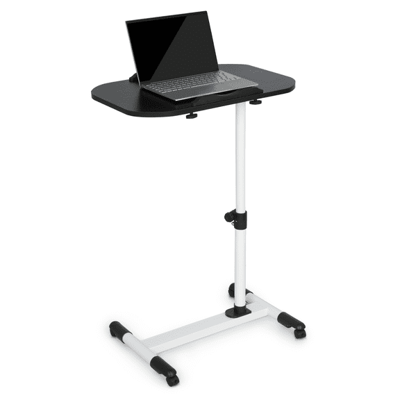 HarmonyStrings  Overbed Bedside Desk Mobile Rolling Laptop Stand Tilting Overbed Table with Wheels Height Adjustable Tray Table for Laptop Bed Sofa Side Table-Black and White