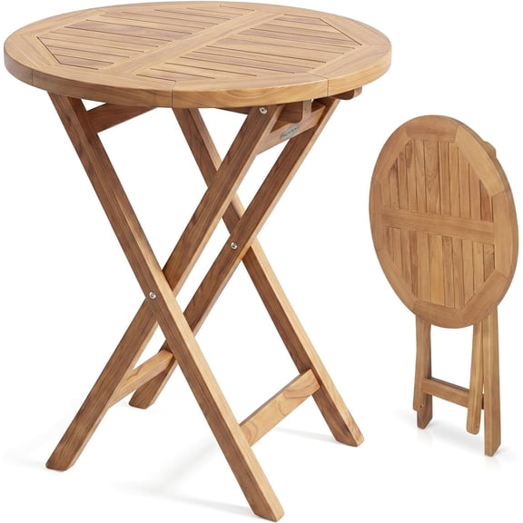 HarmonyStrings Patio Dining Table for 6, Solid Wood Outdoor Table with Teak Painting & 2" Umbrella Hole, 6-Person Rectangular Outside Dining Table-Round 24"