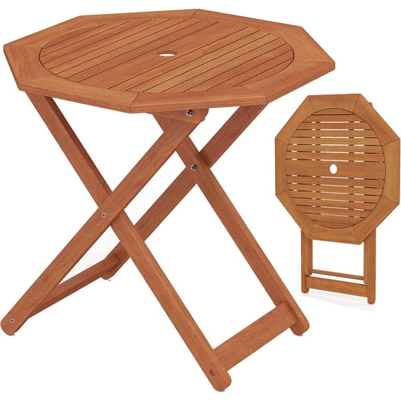 HarmonyStrings Patio Dining Table for 6, Solid Wood Outdoor Table with Teak Painting & 2" Umbrella Hole, 6-Person Rectangular Outside Dining Tablea-Octagonal 32‘’