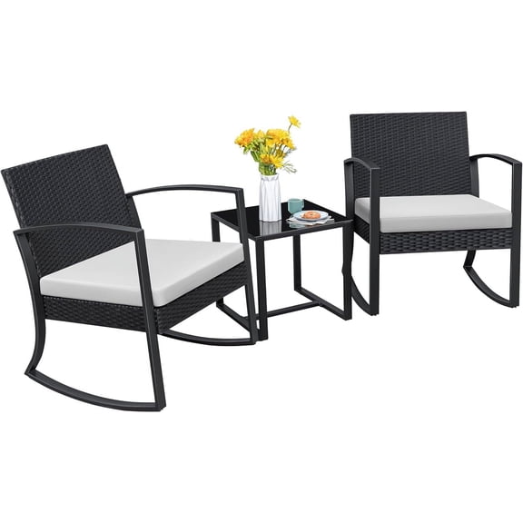 HarmonyStrings Patio Furniture Set 3 Piece Resin Outdoor Bistro Set Rocking Patio Chairs with Cushions and Table for Porch, Poolside, Balcony and Yard-White
