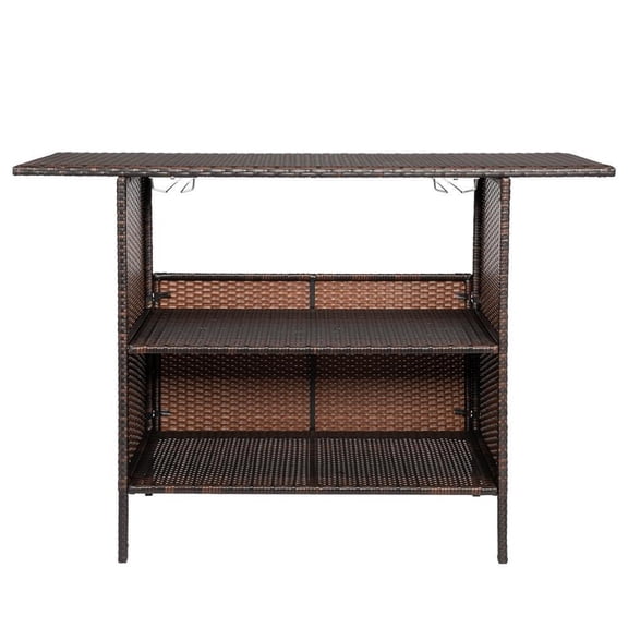HarmonyStrings Patio Wicker Bar Table, Outdoor Rattan Counter Table with Steel Storage Shelves & Wine Rack for Party, Picnic (Brown)