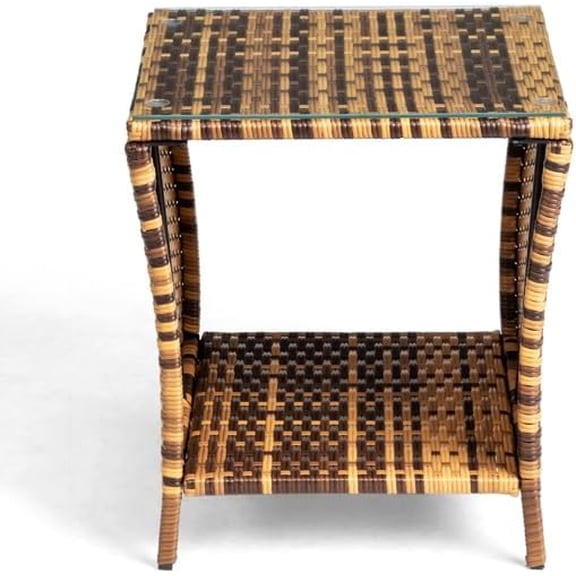 HarmonyStrings Patio Wicker Side Table, Square End Table Bistro Coffee Table with Glass Top Storage Shelf for Porch Garden Backyard (Yellow)