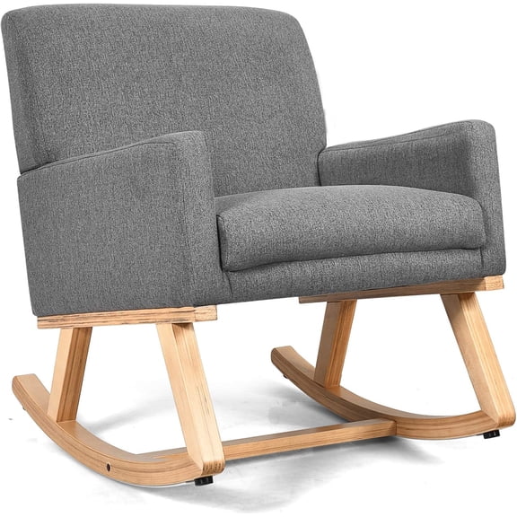 HarmonyStrings Rocking Chair, Fabric Upholstered Chair Rocker with Sturdy Wood Frame and Padded Seat, Modern Armchair for Living Room-Grey