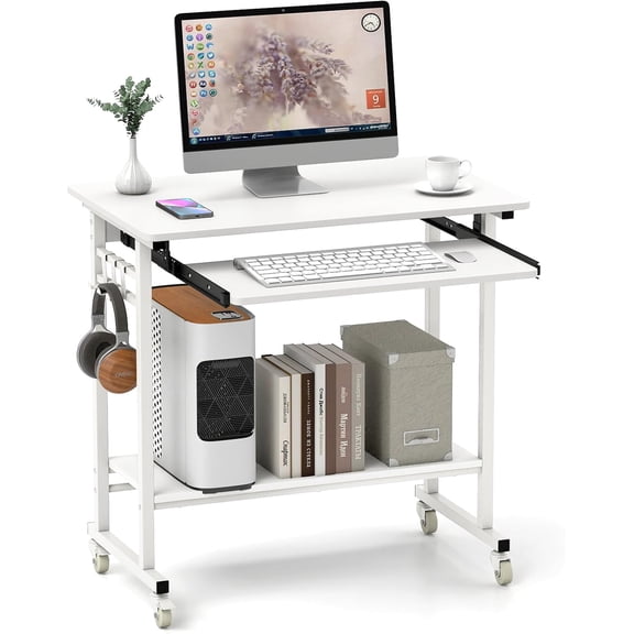 HarmonyStrings Rolling Computer Desk Cart with Keyboard Tray, Mobile Portable Laptop PC Desk with CPU Stand & 3 Hooks for Sofa & Bed, Industrial Small Desk on Wheels-White