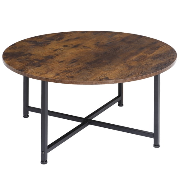 HarmonyStrings Round Coffee Tables w/ 32 Inch Rustic Wooden Surface Top and Sturdy Metal Legs Industrial Cocktail Table for Living Room, Rustic Brown