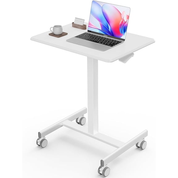 HarmonyStrings Small Standing Desk Mobile Portable Rolling Laptop PC Table on Wheels Adjustable Height Computer Workstation for Home Office, 19 Inch-White