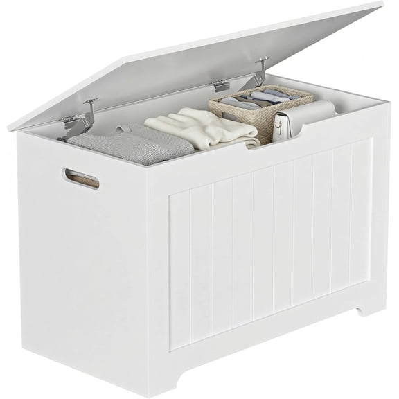 SONGMY Storage Chest, Wood Storage Bench with 2 Safety Hinges, Storage Trunk Box Bench Entryway Bench for Bedroom and Living Room (White)