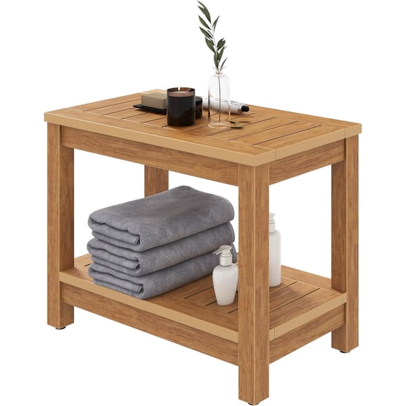 HarmonyStrings Teak Shower Stool for Inside Shower, HIPS Poly Lumber Shower Chair to Sit on or Foot Rest, Heavy Duty Chair Seat for Entryway Living Room Bathroom Organizers and Storage